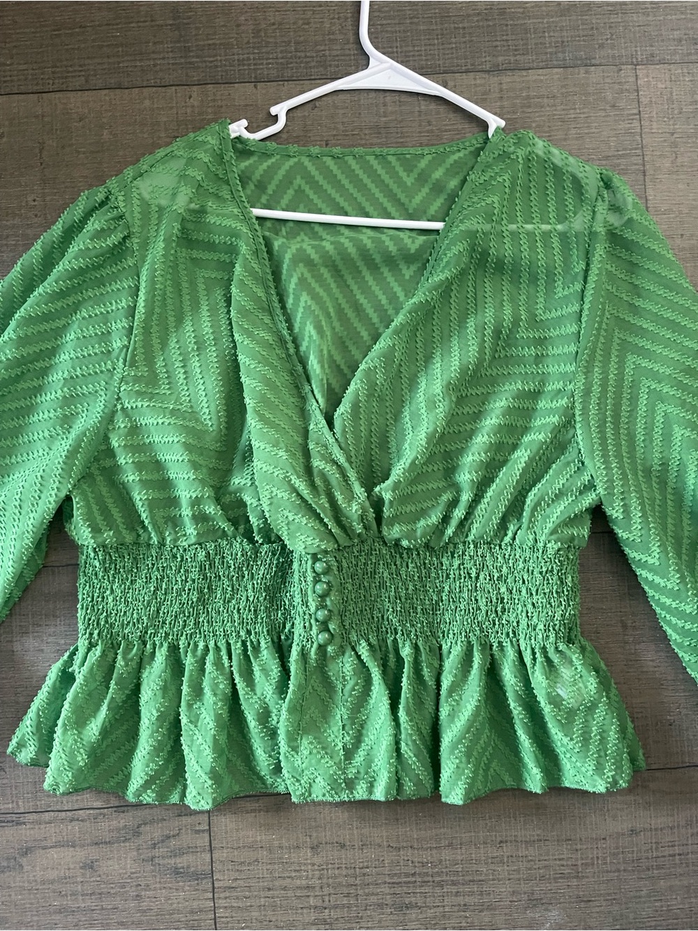 SHEIN Curve Green Textured Chevron Long Sleeve Smocked Waist Blouse Size 2XL